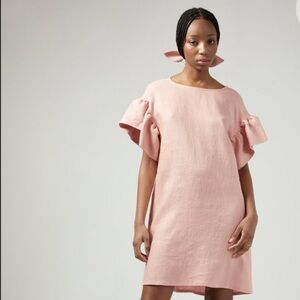 ELIZA‎ FAULKNER 100% LINEN SLIP-ON OVERSIZED RAFFI DRESS POCKETS RUFFLE SLEEVE